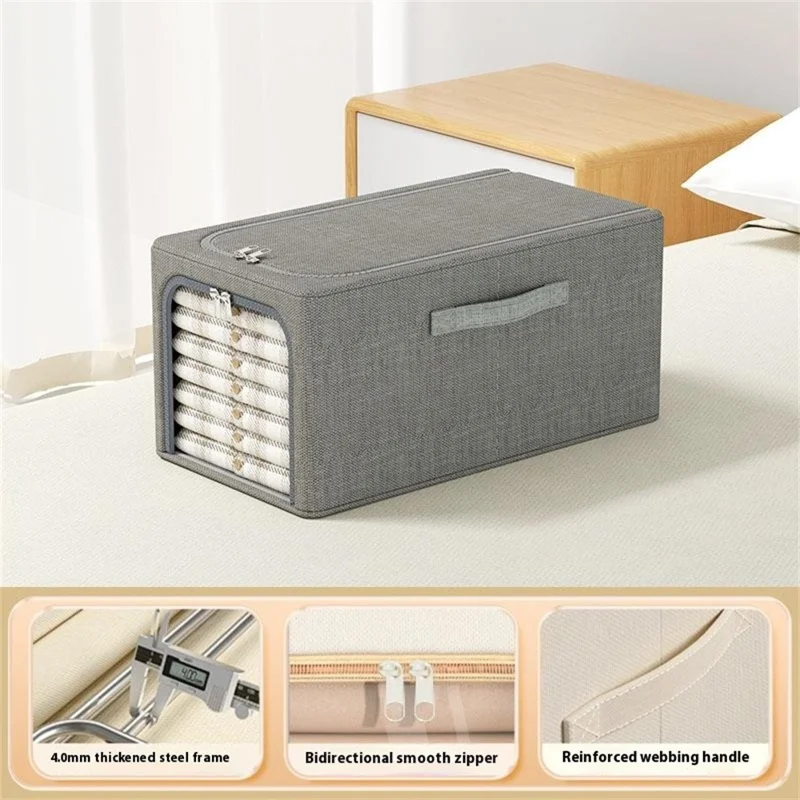 56L Portable Folding Storage Box Cotton Linen Clothes Organizer for Closet Wardrobe Toy Storage Bin - Grey