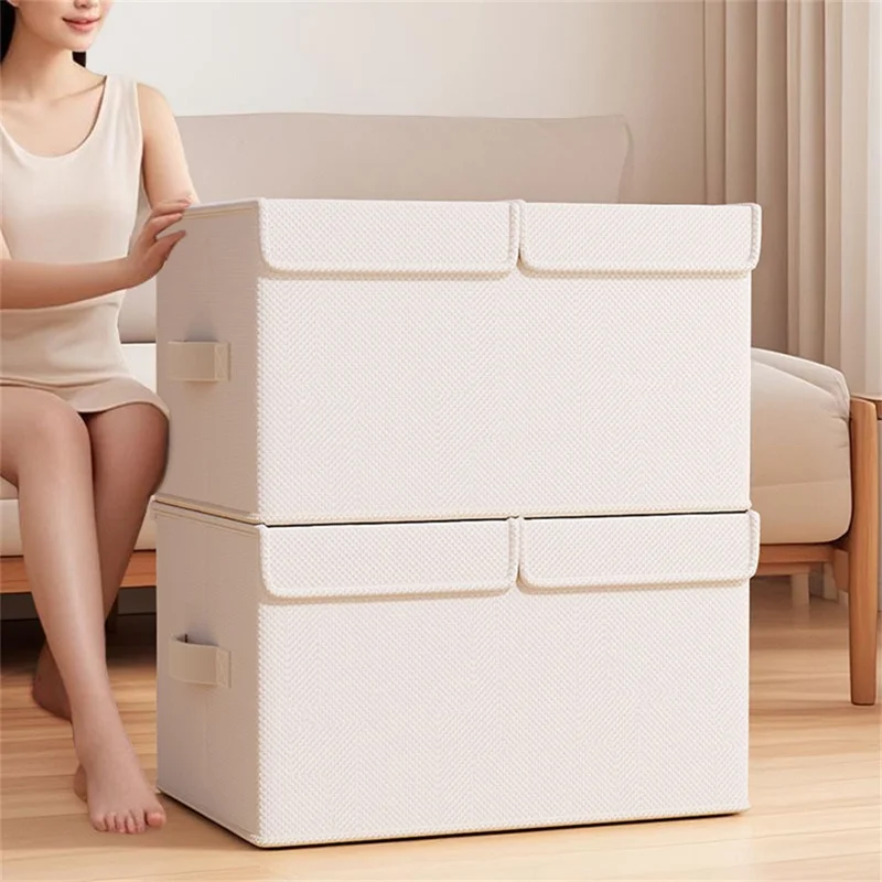 Caixa de Armazenamento Dobrável de Algodão e Linho 44 x 30 x 25cm com Tampa Dupla para Guarda-Roupa - Organizador Portátil
