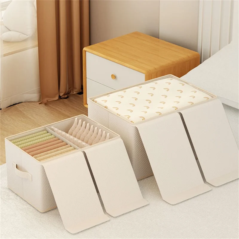 Caixa de Armazenamento Dobrável de Algodão e Linho 44 x 30 x 25cm com Tampa Dupla para Guarda-Roupa - Organizador Portátil