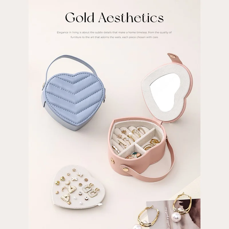 sp01350 Heart Shape Jewelry Box PU Leather Portable Organizer for Earrings Rings Travel Storage Case - Pink