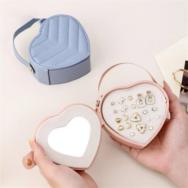 sp01350 Heart Shape Jewelry Box PU Leather Portable Organizer for Earrings Rings Travel Storage Case - Pink