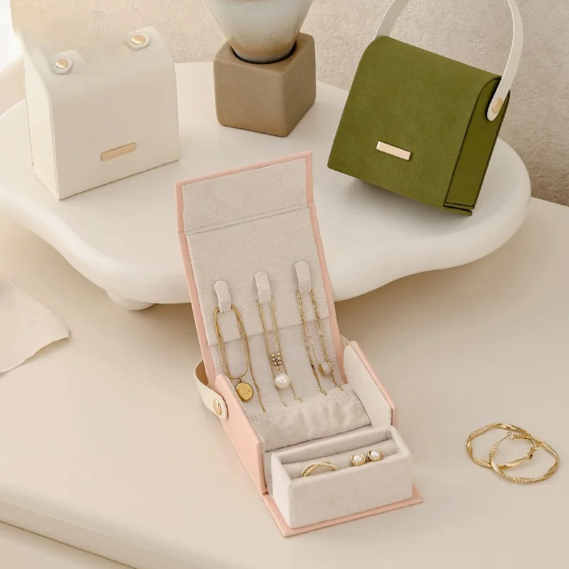 SP01344 Boîte de rangement portable pour bijoux Organisateur de bagues et de colliers Étui en cuir - Vert / Poignée longue