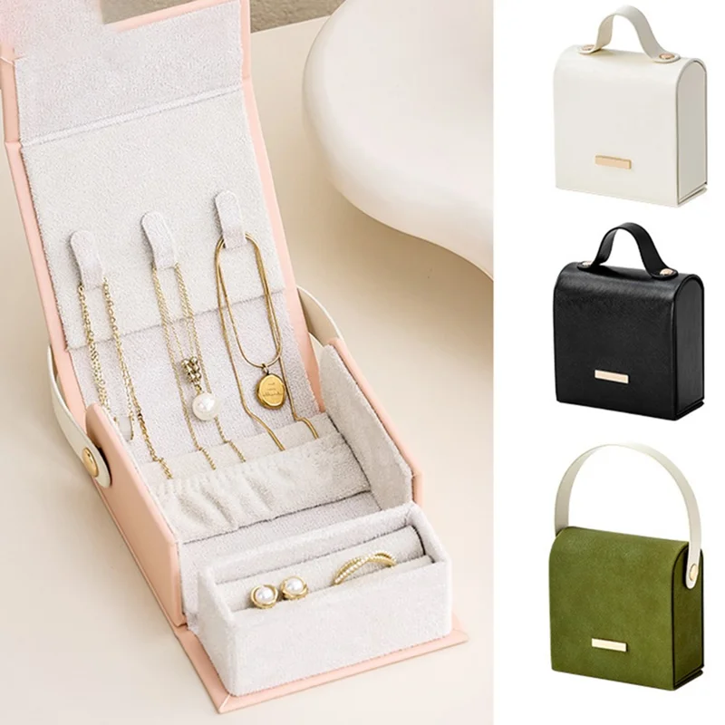 SP01344 Boîte de rangement portable pour bijoux Organisateur de bagues et de colliers Étui en cuir - Vert / Poignée longue
