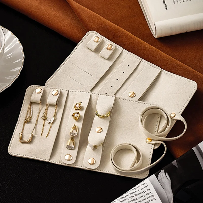 EP-00712 Portable Jewelry Organizer Roll Case Earrings Rings Necklace Storage Bag - Beige