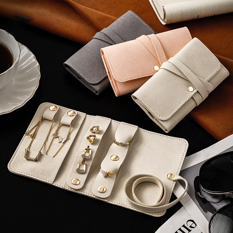 EP-00712 Portable Jewelry Organizer Roll Case Earrings Rings Necklace Storage Bag - Beige