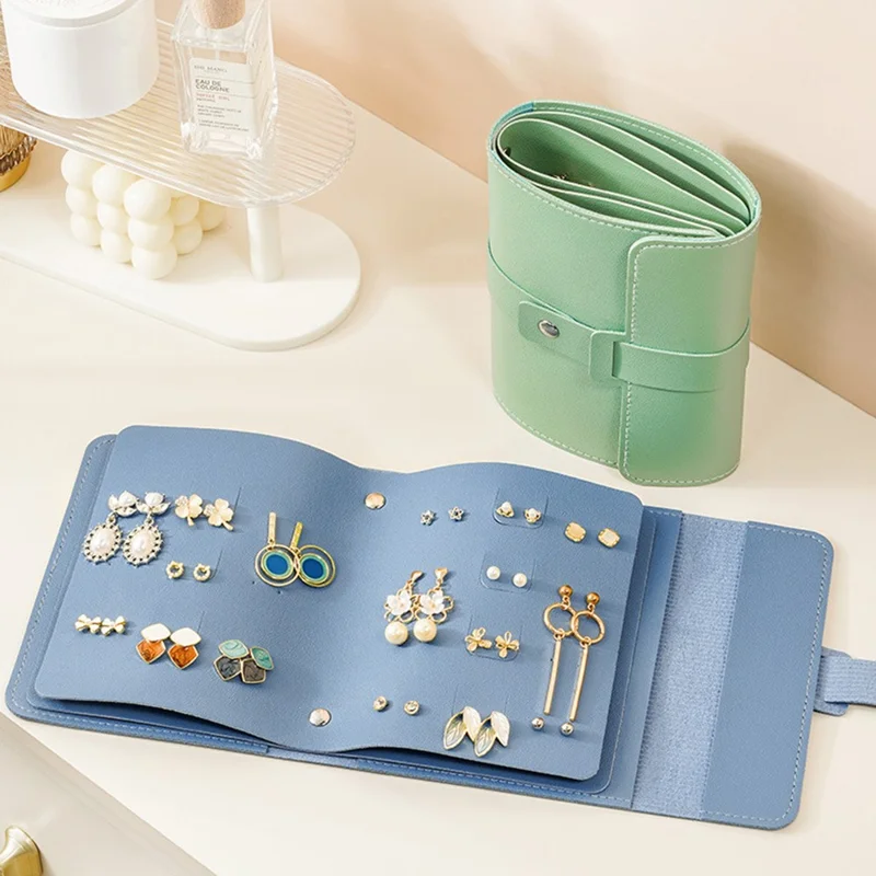 SP01260 Organizador de Pendientes Portátil Libro de Cuero de PU Bolsa de Almacenamiento de Joyas para Pendientes de Botón, Colgantes y Aros - Verde
