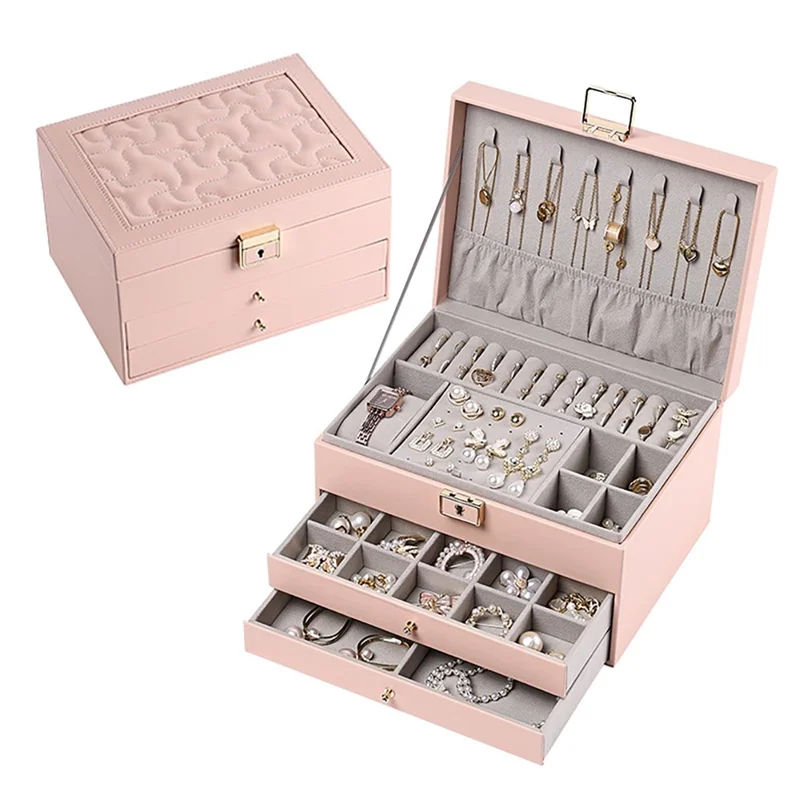 sp01265 Elegant Jewelry Box with Drawers for Necklaces Rings Bracelets PU Leather Organizer Case - Pink