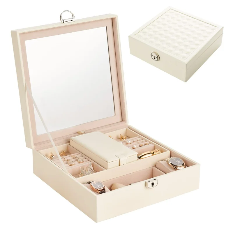 Boîte de rangement pour bijoux sp01130 avec miroir amovible Boîte de rangement multifonctionnelle portable en cuir PU - Blanc
