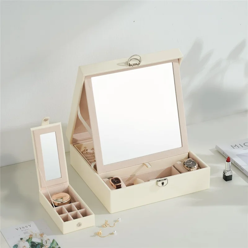 Boîte de rangement pour bijoux sp01130 avec miroir amovible Boîte de rangement multifonctionnelle portable en cuir PU - Blanc