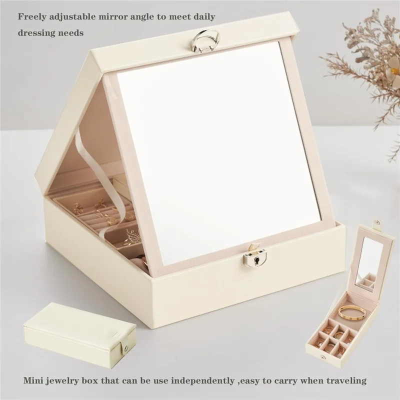 Boîte de rangement pour bijoux sp01130 avec miroir amovible Boîte de rangement multifonctionnelle portable en cuir PU - Blanc