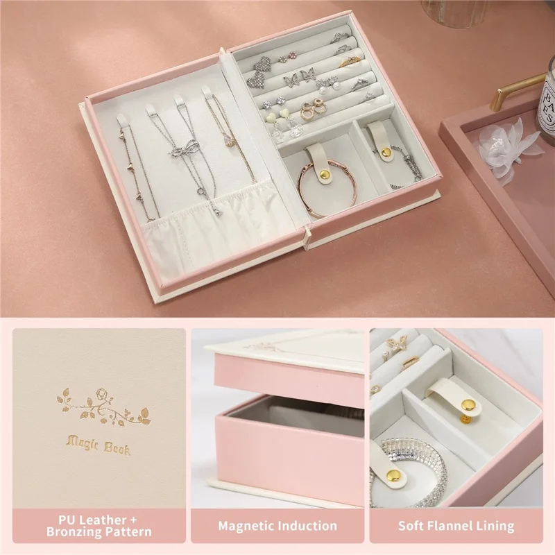 sp01115 Vintage Book Style Jewelry Organizer Box for Rings Earrings Necklaces PU Leather Magnetic Closure Storage Case - Green