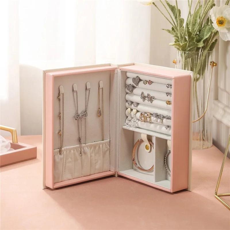 sp01115 Vintage Book Style Jewelry Organizer Box for Rings Earrings Necklaces PU Leather Magnetic Closure Storage Case - Green