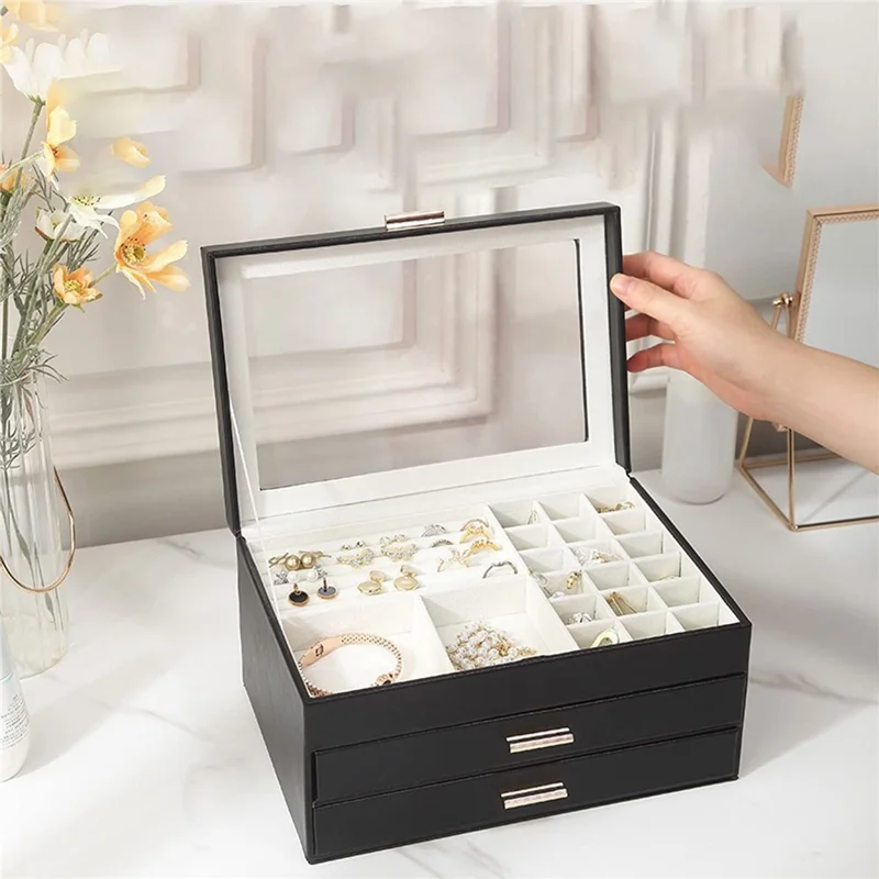 Boîte de Rangement pour Bijoux à Grande Capacité 3 Tiroirs - Noir