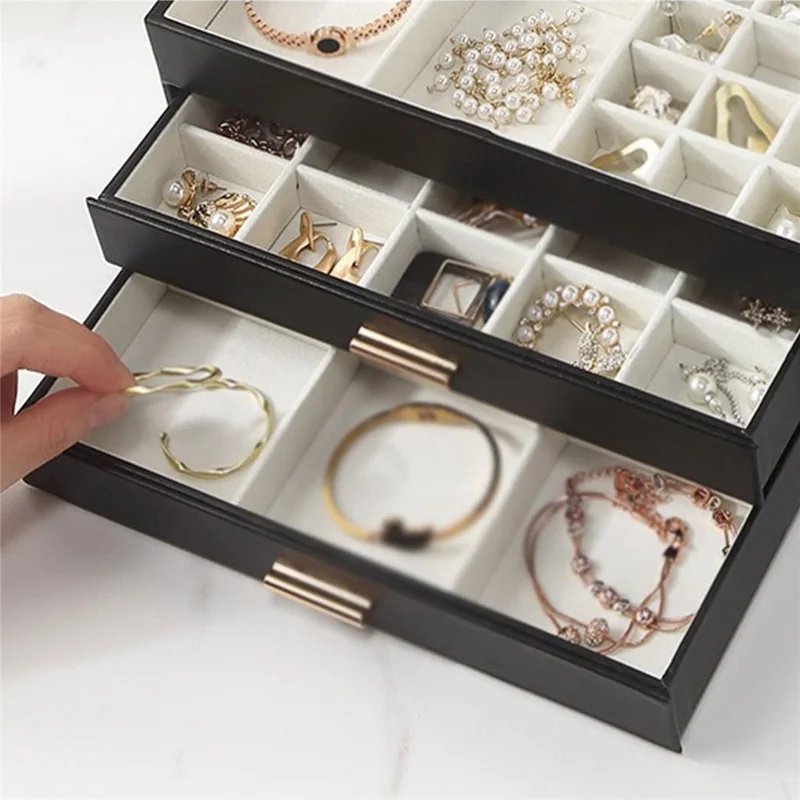 Boîte de Rangement pour Bijoux à Grande Capacité 3 Tiroirs - Noir