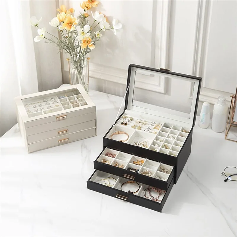Boîte de Rangement pour Bijoux à Grande Capacité 3 Tiroirs - Noir