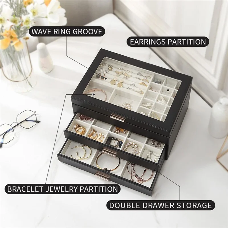 Boîte de Rangement pour Bijoux à Grande Capacité 3 Tiroirs - Noir