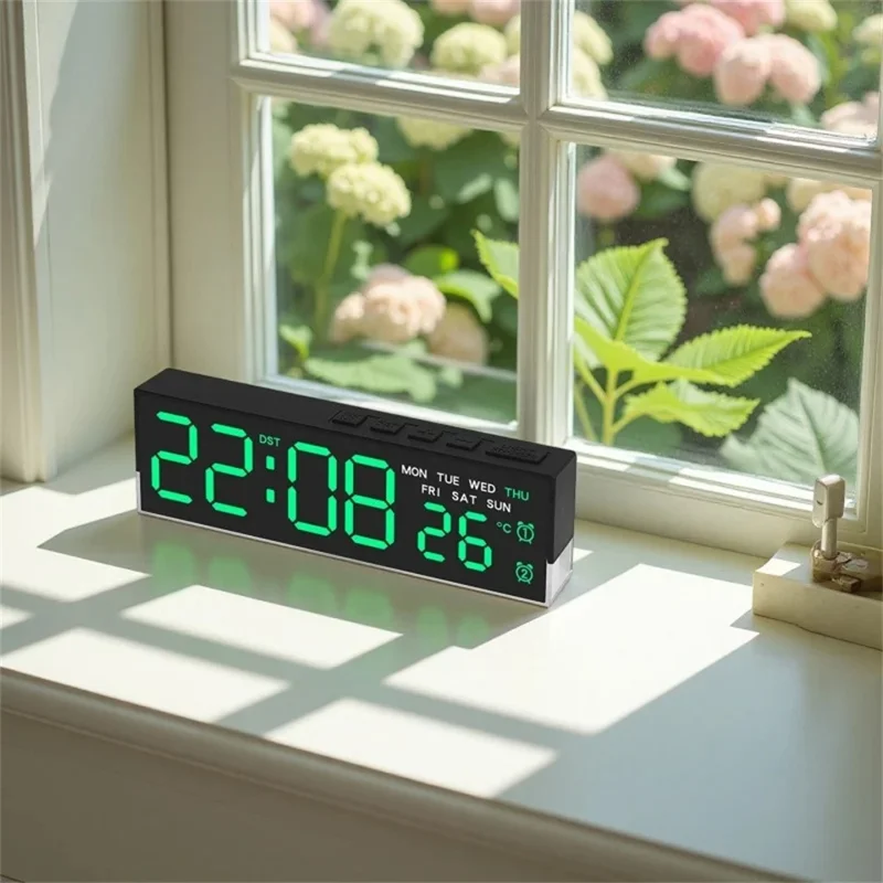 5519 Multifunction LED Digital Alarm Clock Temperature Display Bedside Clock with Ambient Light - White Shell+Green Light
