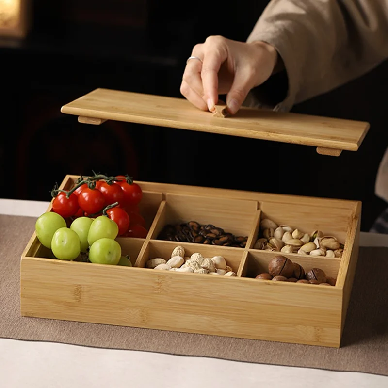 Bamboo Divided Organizer Food Storage Box with 6 Compartments for Snacks (BPA-Free, No FDA Certificate)