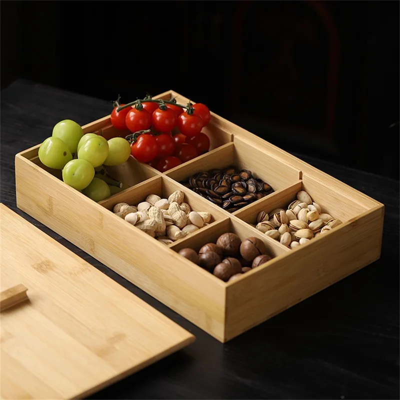 Bamboo Divided Organizer Food Storage Box with 6 Compartments for Snacks (BPA-Free, No FDA Certificate)