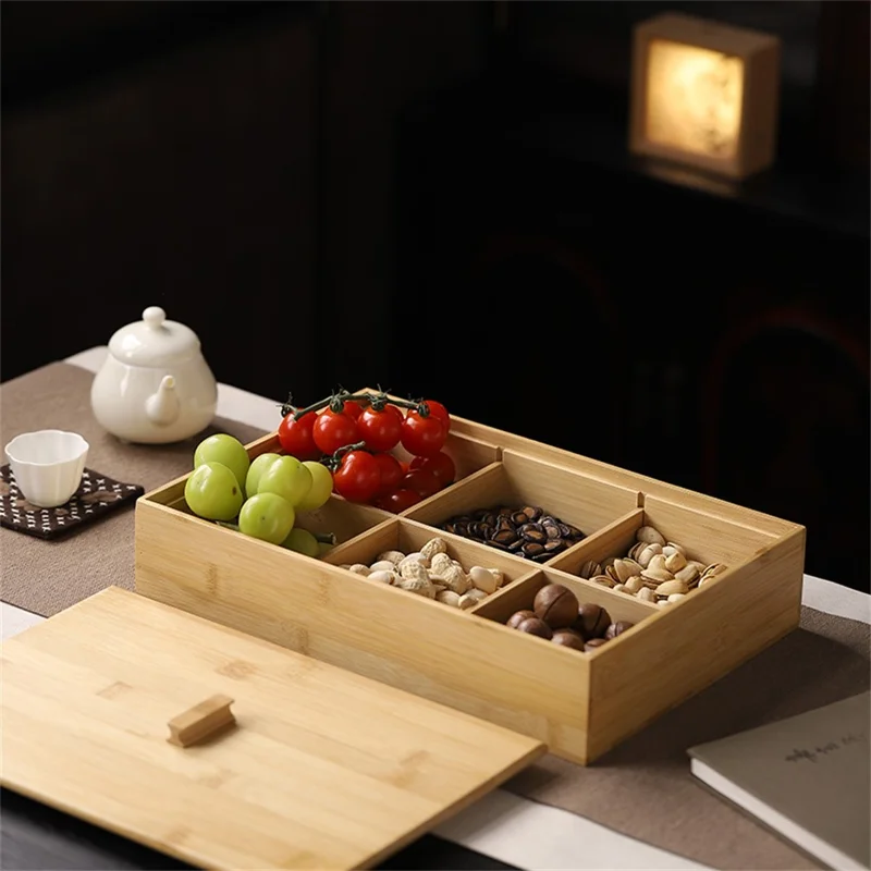 Bamboo Divided Organizer Food Storage Box with 6 Compartments for Snacks (BPA-Free, No FDA Certificate)