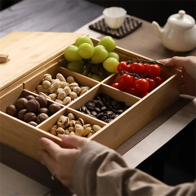 Bamboo Divided Organizer Food Storage Box with 6 Compartments for Snacks (BPA-Free, No FDA Certificate)