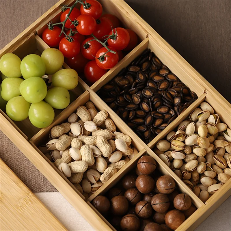 Bamboo Divided Organizer Food Storage Box with 6 Compartments for Snacks (BPA-Free, No FDA Certificate)