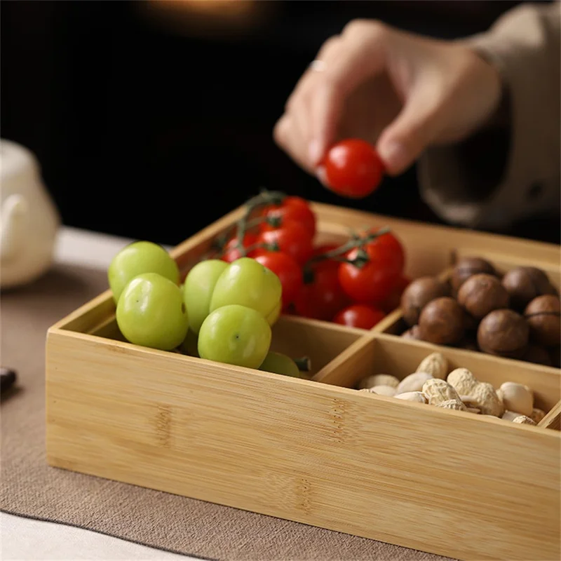 Bamboo Divided Organizer Food Storage Box with 6 Compartments for Snacks (BPA-Free, No FDA Certificate)