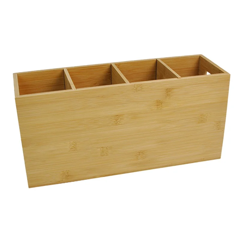 4 Compartment Storage Box Bamboo Pen Holder Desktop Kitchen Organizer