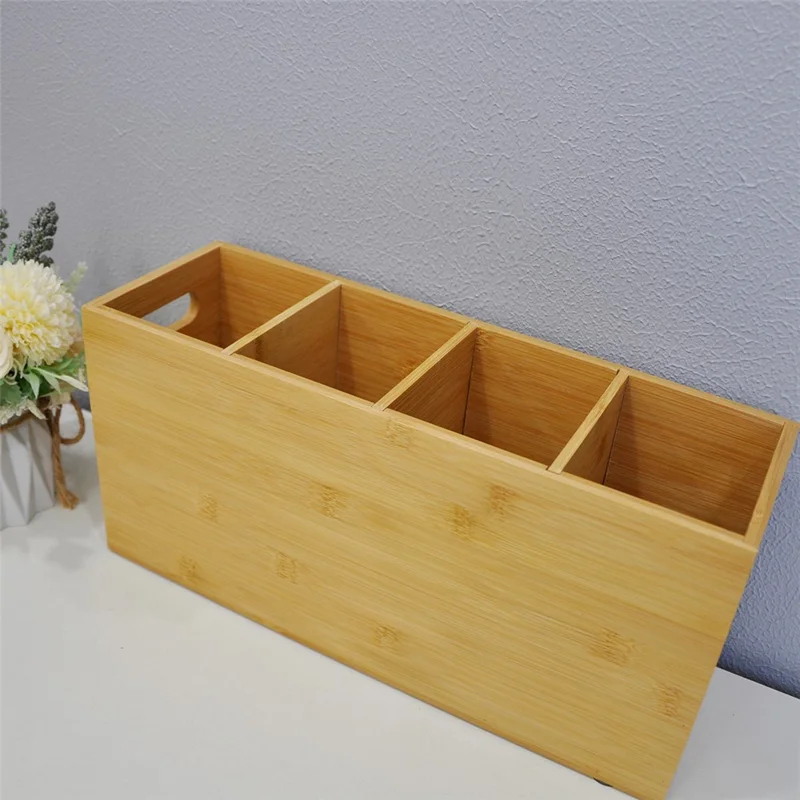 4 Compartment Storage Box Bamboo Pen Holder Desktop Kitchen Organizer