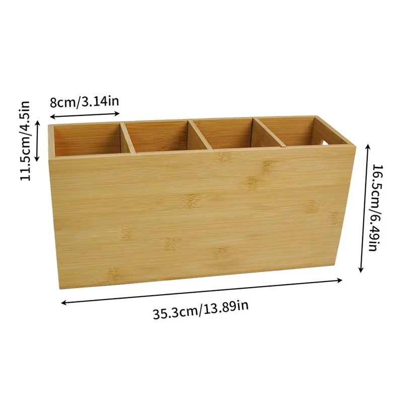4 Compartment Storage Box Bamboo Pen Holder Desktop Kitchen Organizer