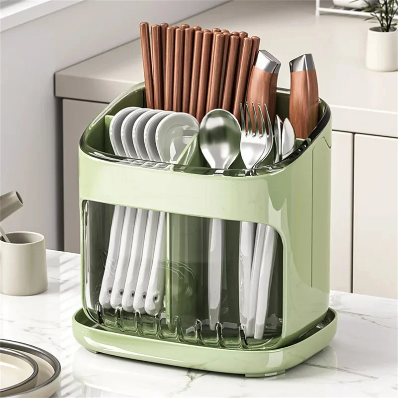 Wall Mounted  /  Freestanding Plastic Chopstick Holder Kitchen Utensil Organizer Cutlery Storage Drainer Rack - Transparent Green