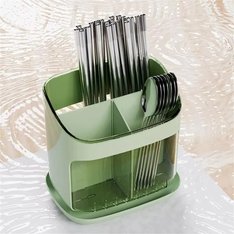Wall Mounted  /  Freestanding Plastic Chopstick Holder Kitchen Utensil Organizer Cutlery Storage Drainer Rack - Transparent Green