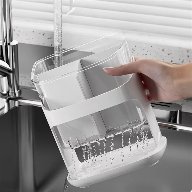 Wall Mounted  /  Freestanding Plastic Chopstick Holder Kitchen Utensil Organizer Cutlery Storage Drainer Rack - Transparent Green