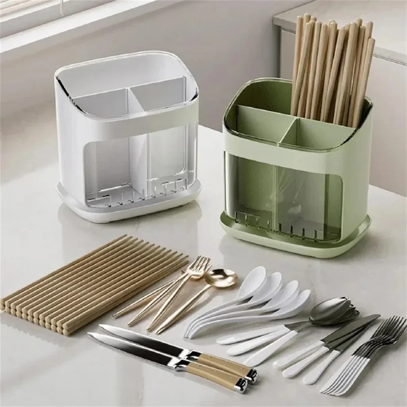 Wall Mounted  /  Freestanding Plastic Chopstick Holder Kitchen Utensil Organizer Cutlery Storage Drainer Rack - Transparent Green