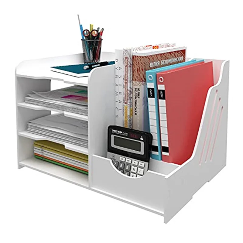 4 Layers Desk Storage Rack PVC Wood File Holder Office Stationery Organizer Book Shelf