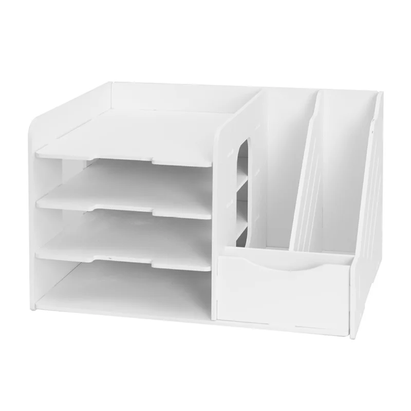 4 Layers Desk Storage Rack PVC Wood File Holder Office Stationery Organizer Book Shelf