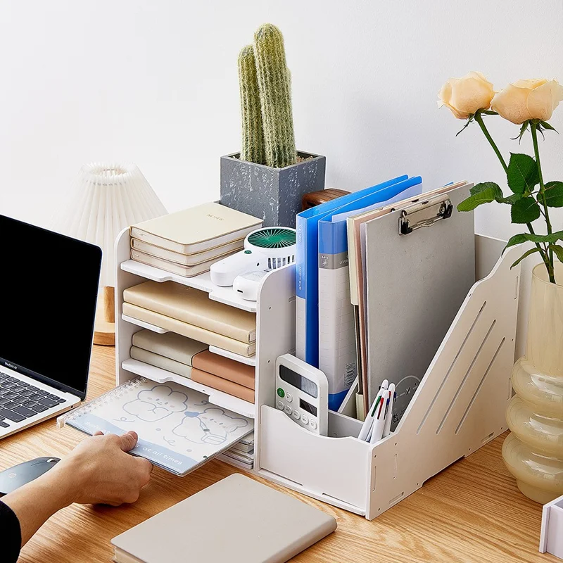 4 Layers Desk Storage Rack PVC Wood File Holder Office Stationery Organizer Book Shelf