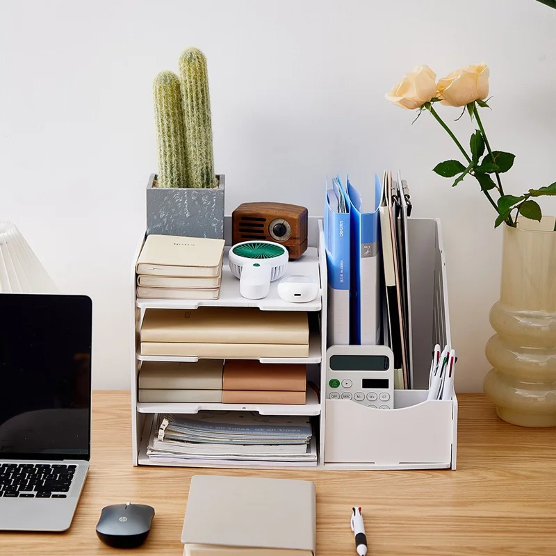 4 Layers Desk Storage Rack PVC Wood File Holder Office Stationery Organizer Book Shelf