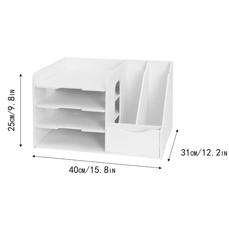 4 Layers Desk Storage Rack PVC Wood File Holder Office Stationery Organizer Book Shelf