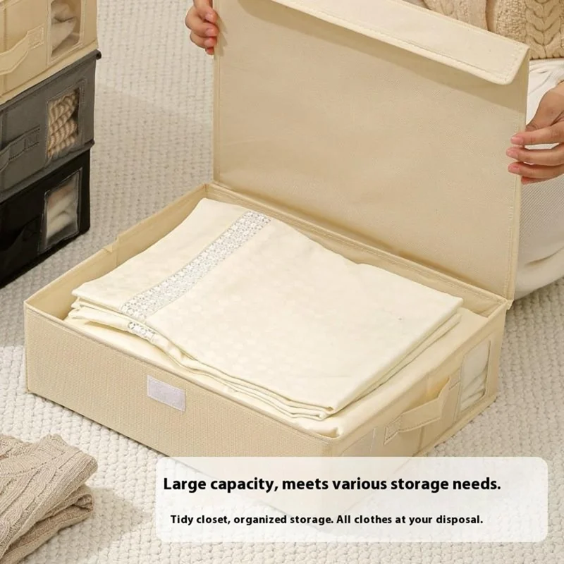 Folding Bedding Storage Box with Lid / Clear Window / Dust-Proof Fabric Container for Home Organization - Beige