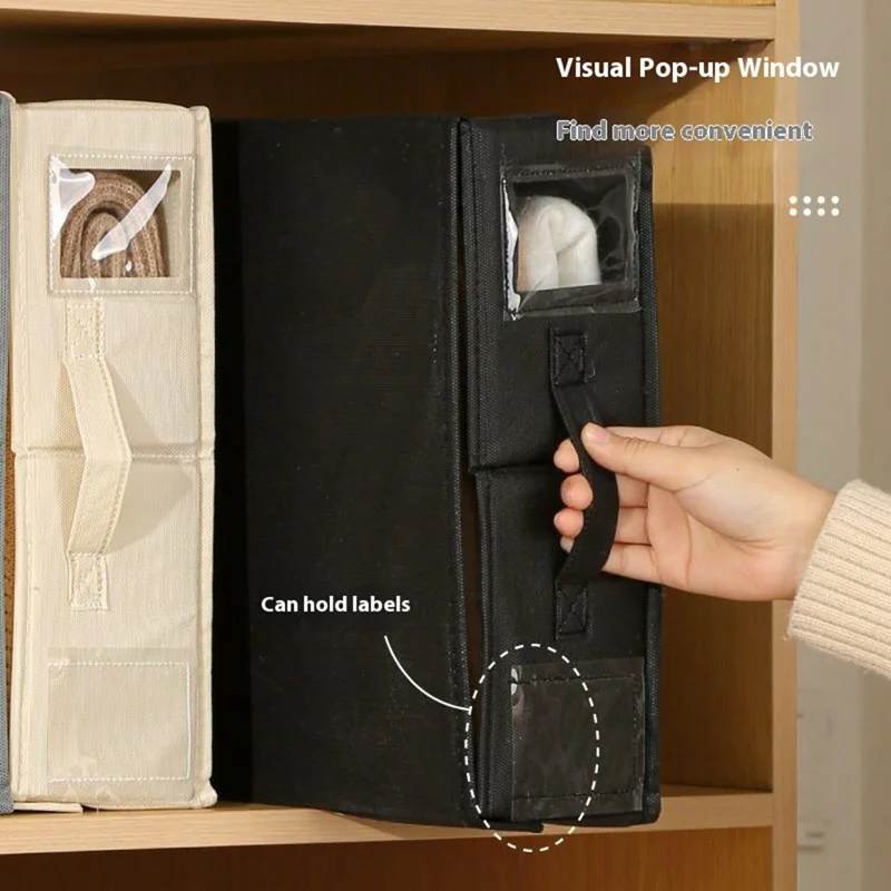 Folding Bedding Storage Box with Lid / Clear Window / Dust-Proof Fabric Container for Home Organization - Beige