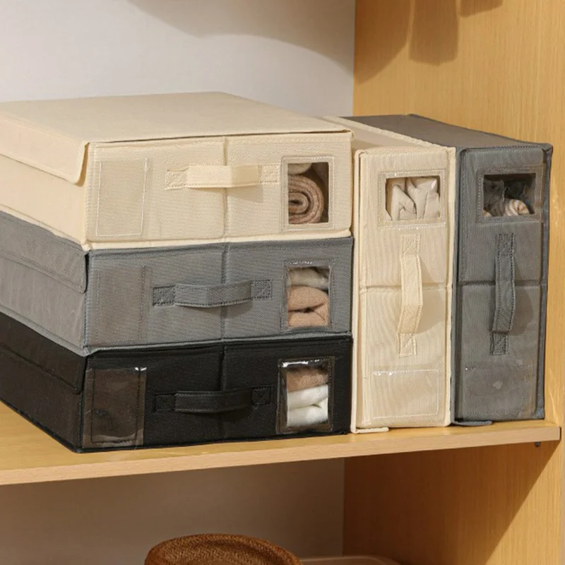 Folding Bedding Storage Box with Lid / Clear Window / Dust-Proof Fabric Container for Home Organization - Beige