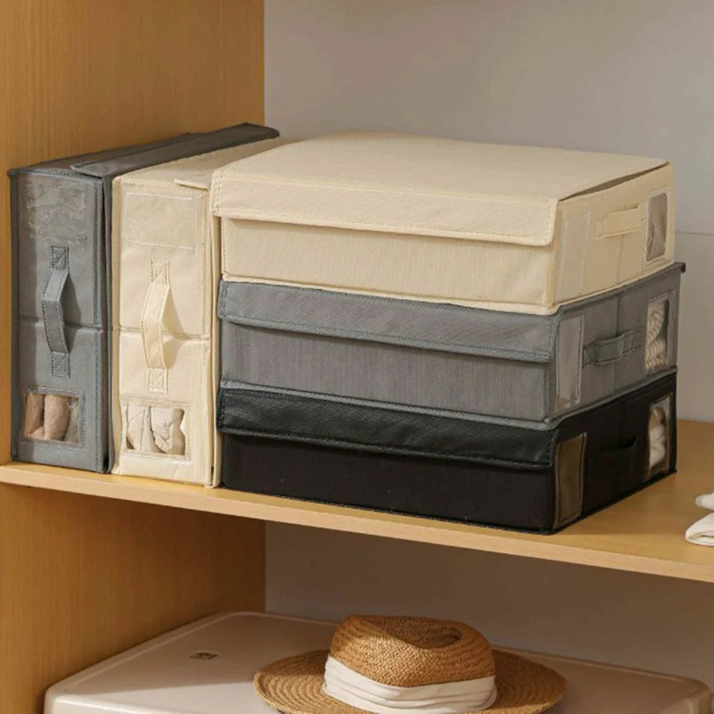 Folding Bedding Storage Box with Lid / Clear Window / Dust-Proof Fabric Container for Home Organization - Beige