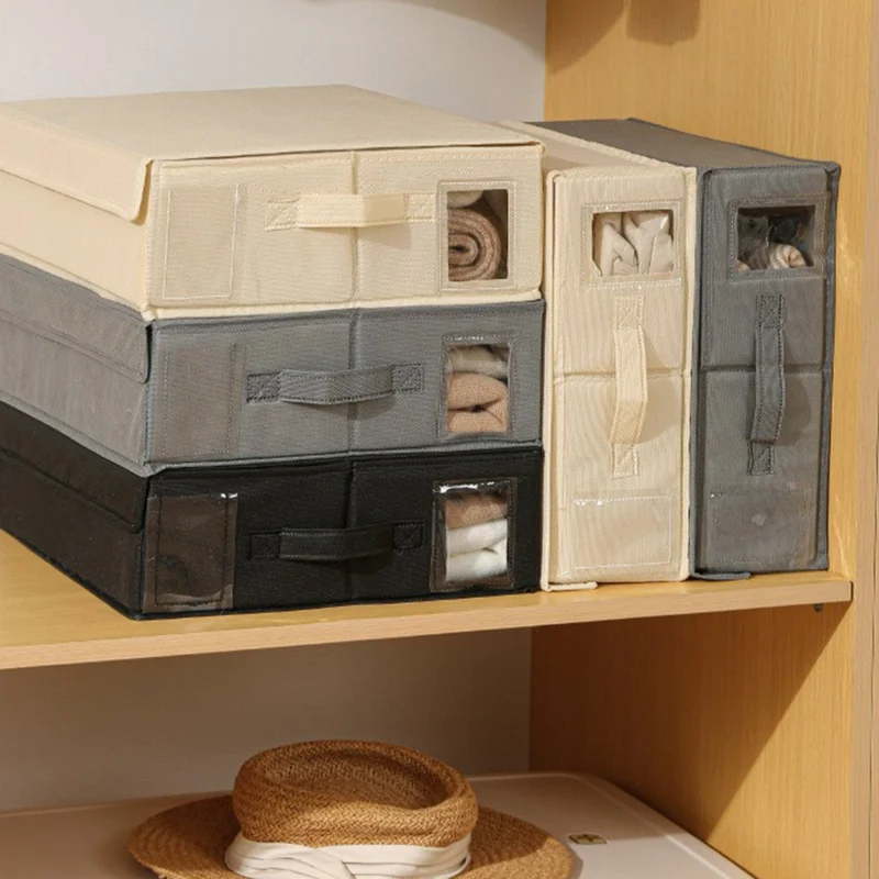 Folding Bedding Storage Box with Lid / Clear Window / Dust-Proof Fabric Container for Home Organization - Beige