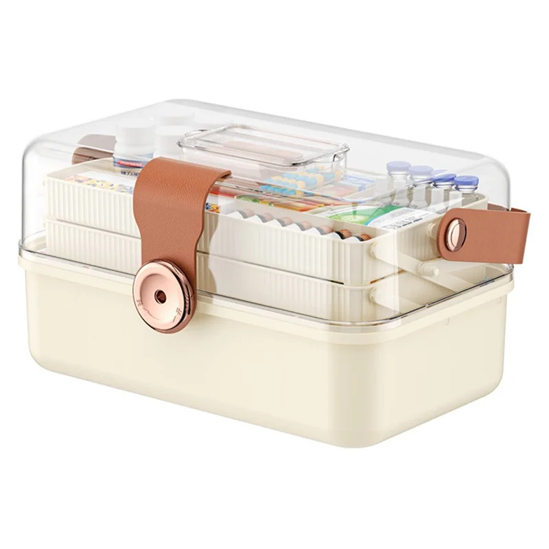 3-Layer Folding Medicine Storage Box Portable First Aid Medical Case with Safety Lock for Home - White