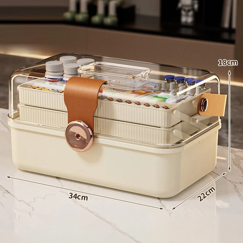 3-Layer Folding Medicine Storage Box Portable First Aid Medical Case with Safety Lock for Home - White
