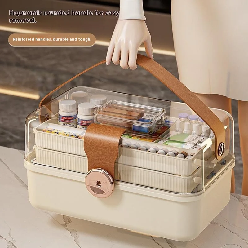 3-Layer Folding Medicine Storage Box Portable First Aid Medical Case with Safety Lock for Home - White