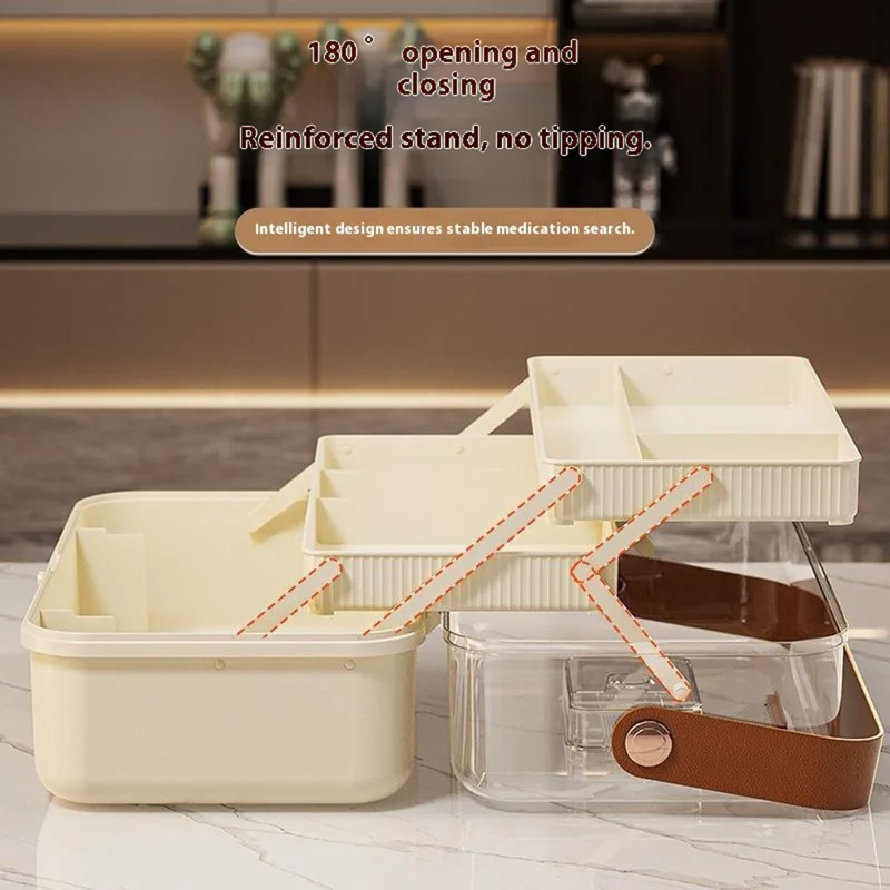 3-Layer Folding Medicine Storage Box Portable First Aid Medical Case with Safety Lock for Home - White