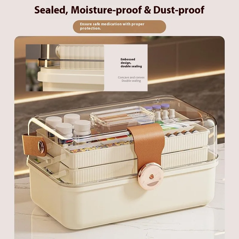 3-Layer Folding Medicine Storage Box Portable First Aid Medical Case with Safety Lock for Home - White