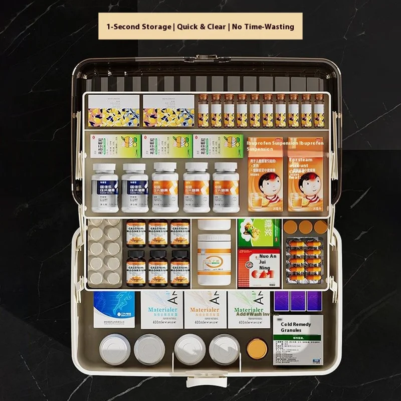 3-Layer Foldable Medicine Storage Box 32 x 17 x 17cm Portable First Aid Organizer for Home - White